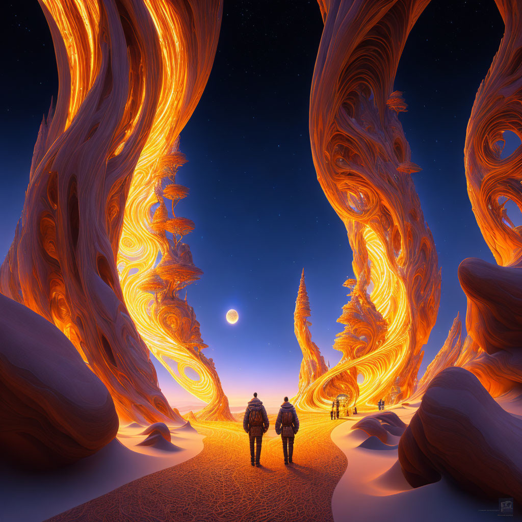 Twilight desert landscape with swirling orange rock formations