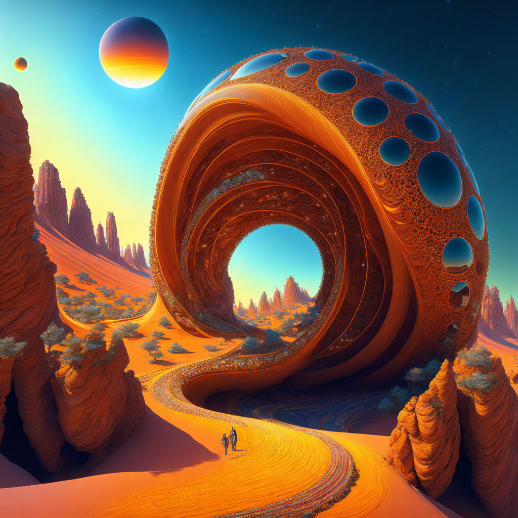 Futuristic landscape with two figures walking towards swirling structure in alien terrain