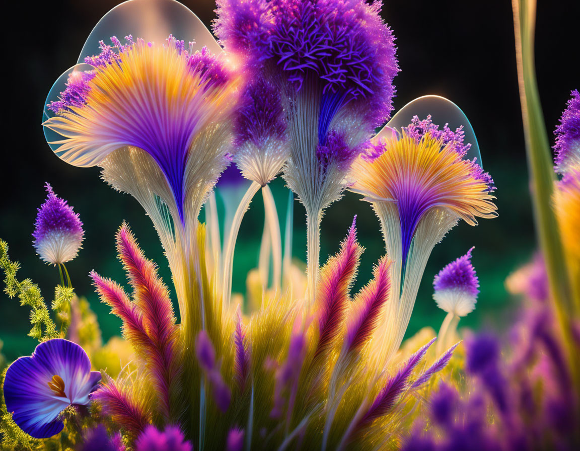 Colorful Fantasy Flowers with Glowing Edges in Enchanting Digital Nature Scene