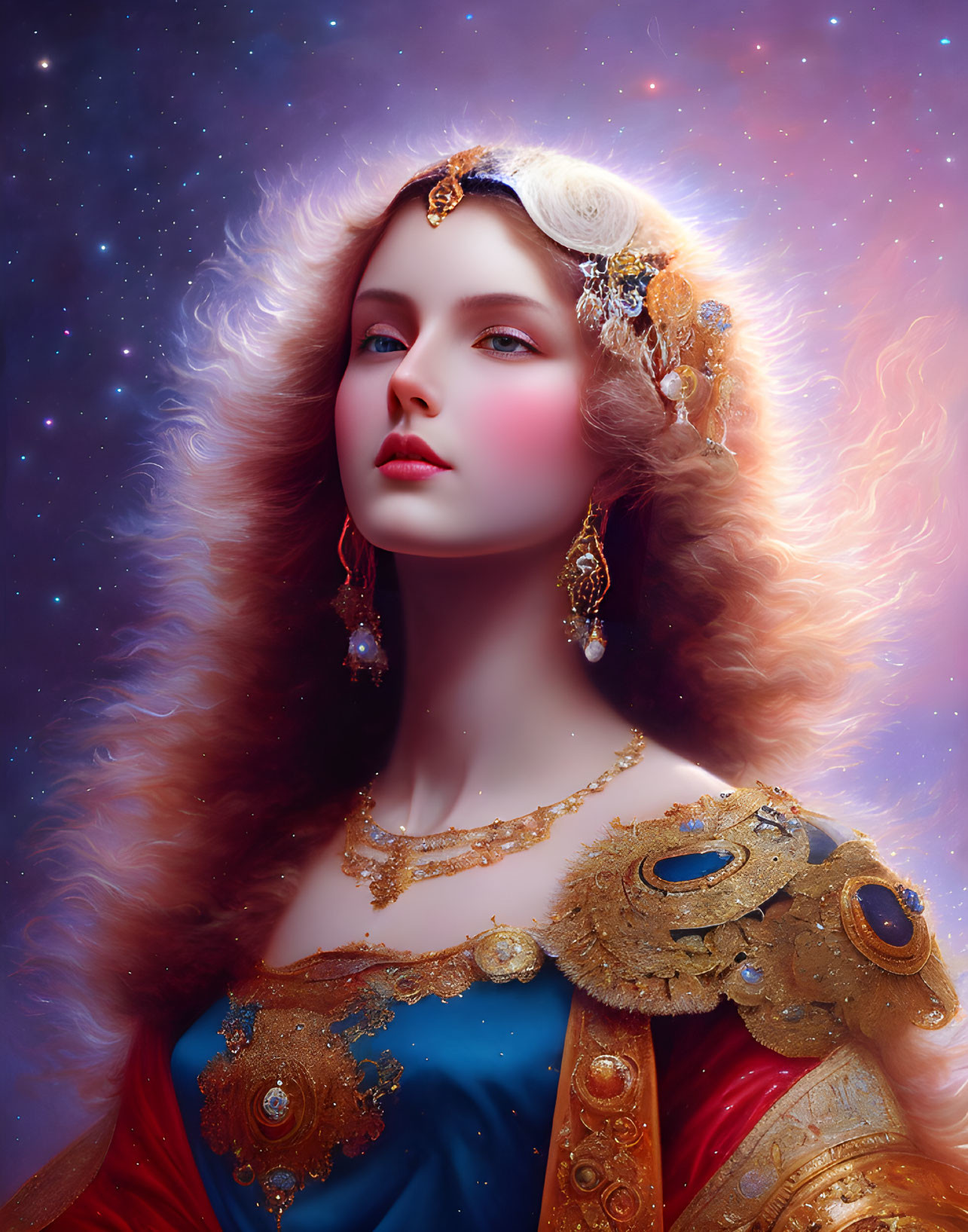 Regal woman with porcelain skin in gold jewelry and blue/red gown against starry backdrop