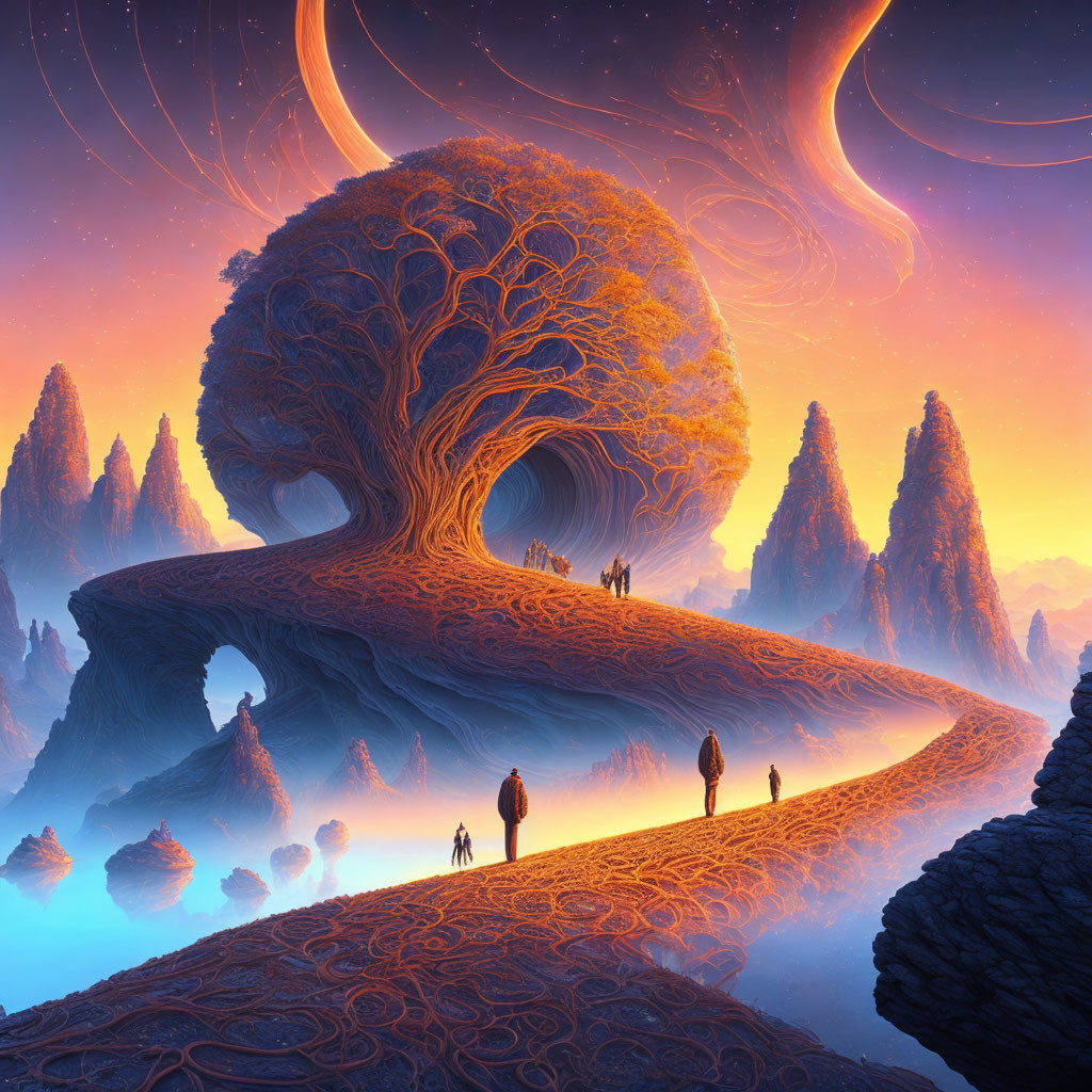 Surreal landscape with giant tree, spiral path, figures on ridge, starry sky