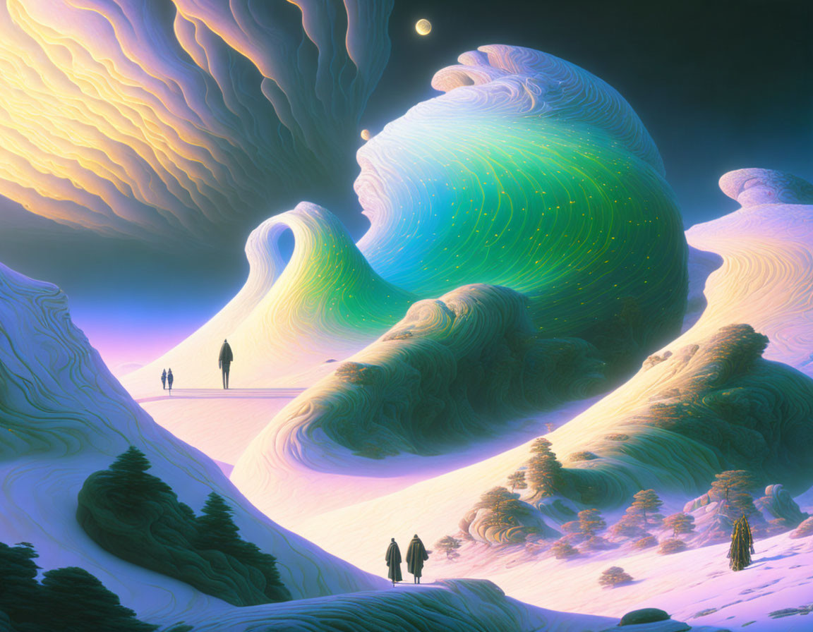 Surreal landscape with undulating hills and vibrant sky