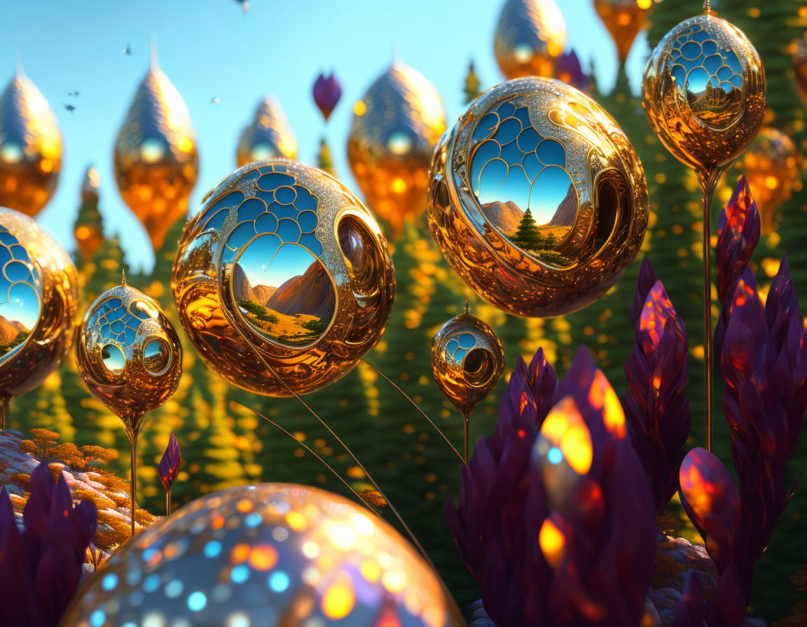 Mystical landscape with floating golden spheres and vibrant flora