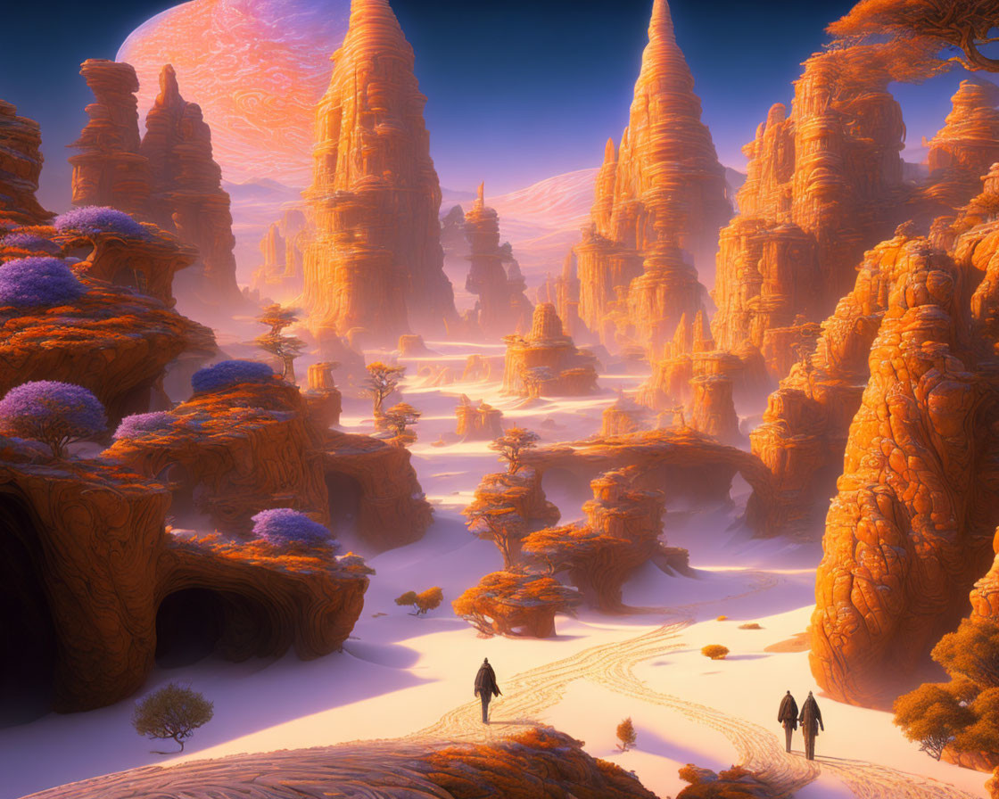 Ethereal desert landscape with orange rock formations and figures walking under a swirl-patterned sky