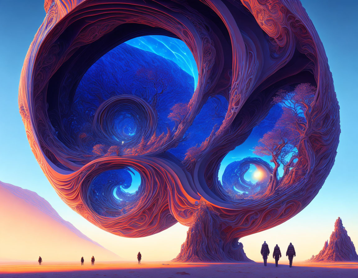 Surreal landscape featuring giant swirling tree structure and figures in serene desert