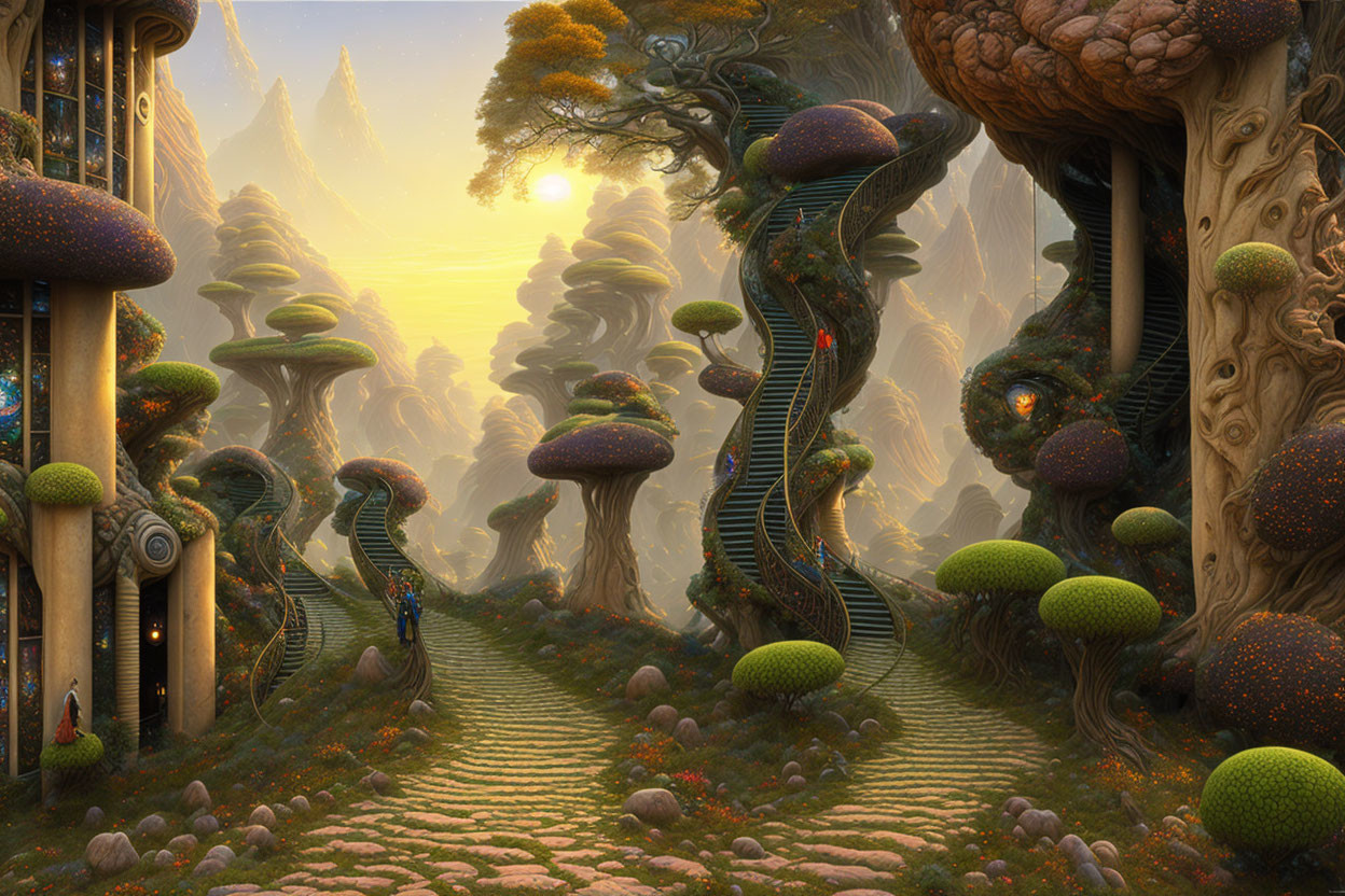 Mystical forest with towering tree-like structures and spiral staircases at sunset