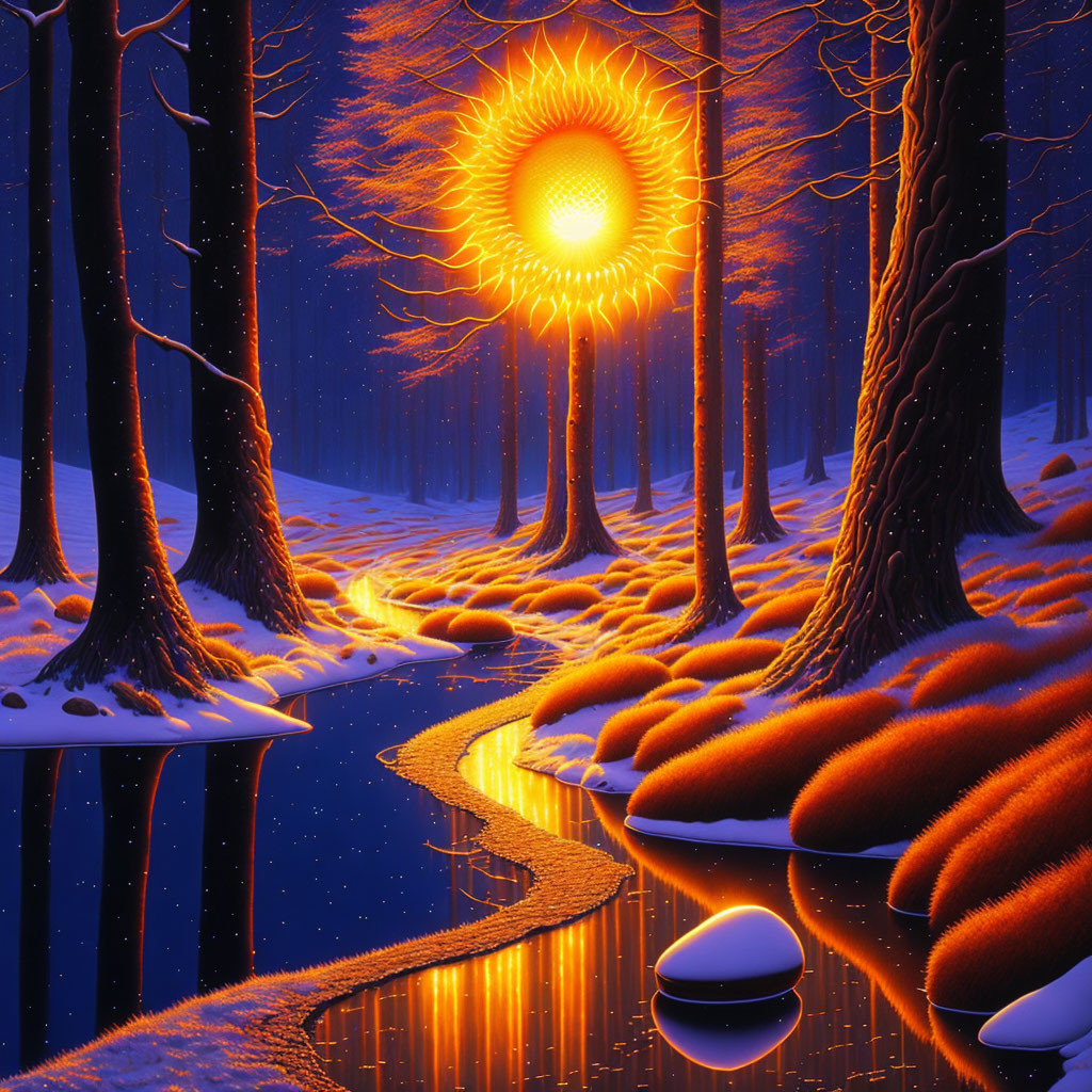 Winter Scene with Glowing Eye Symbol Over River and Snowy Trees