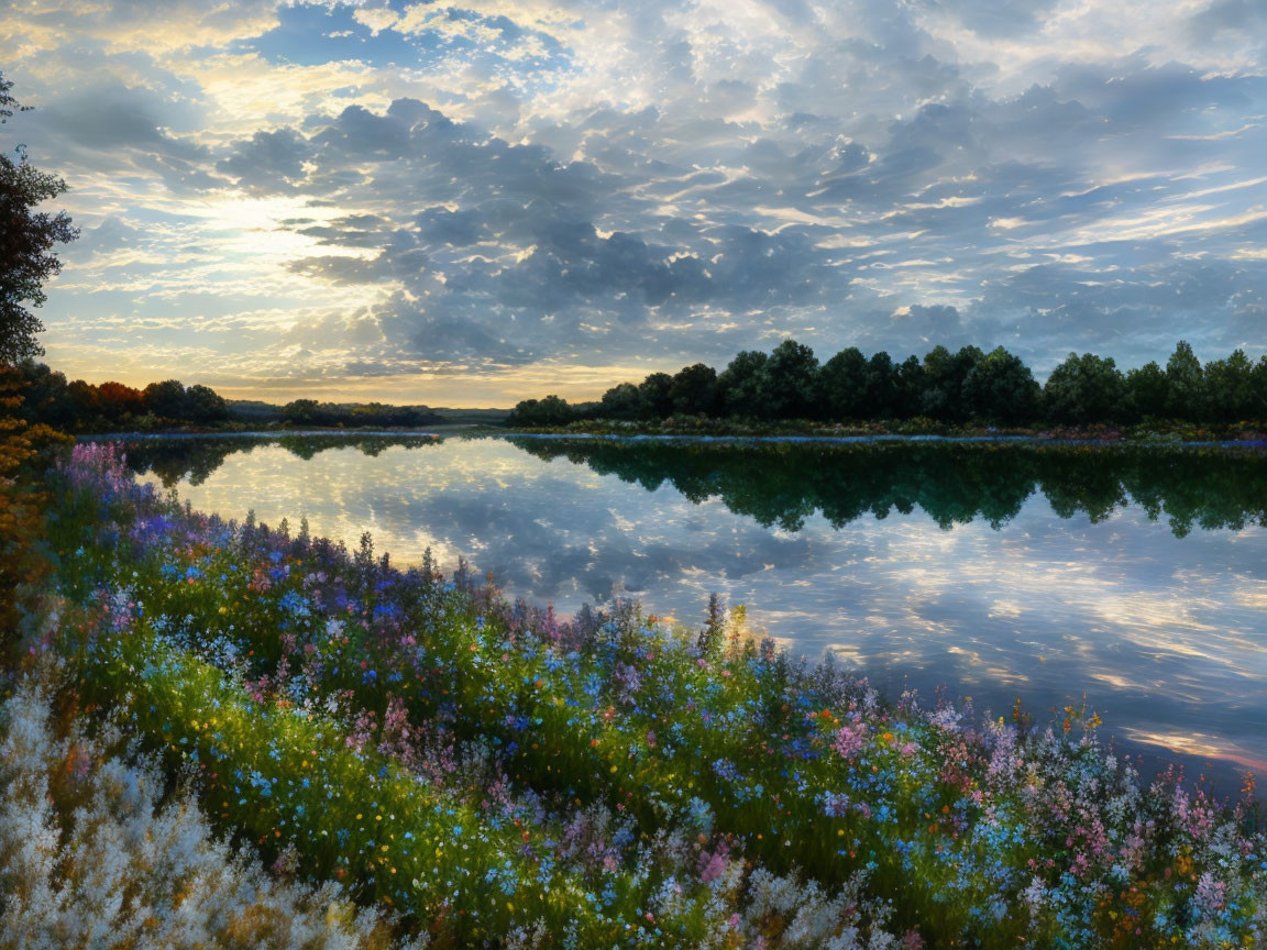 Tranquil Sunset Lake Reflection with Cloudy Sky and Wildflowers
