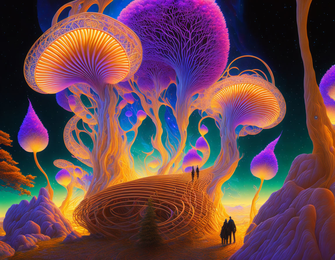 Colorful psychedelic landscape with giant mushroom structures and silhouetted figures