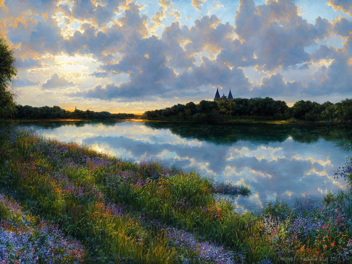 Tranquil landscape with river, wildflowers, castle, and sunset sky