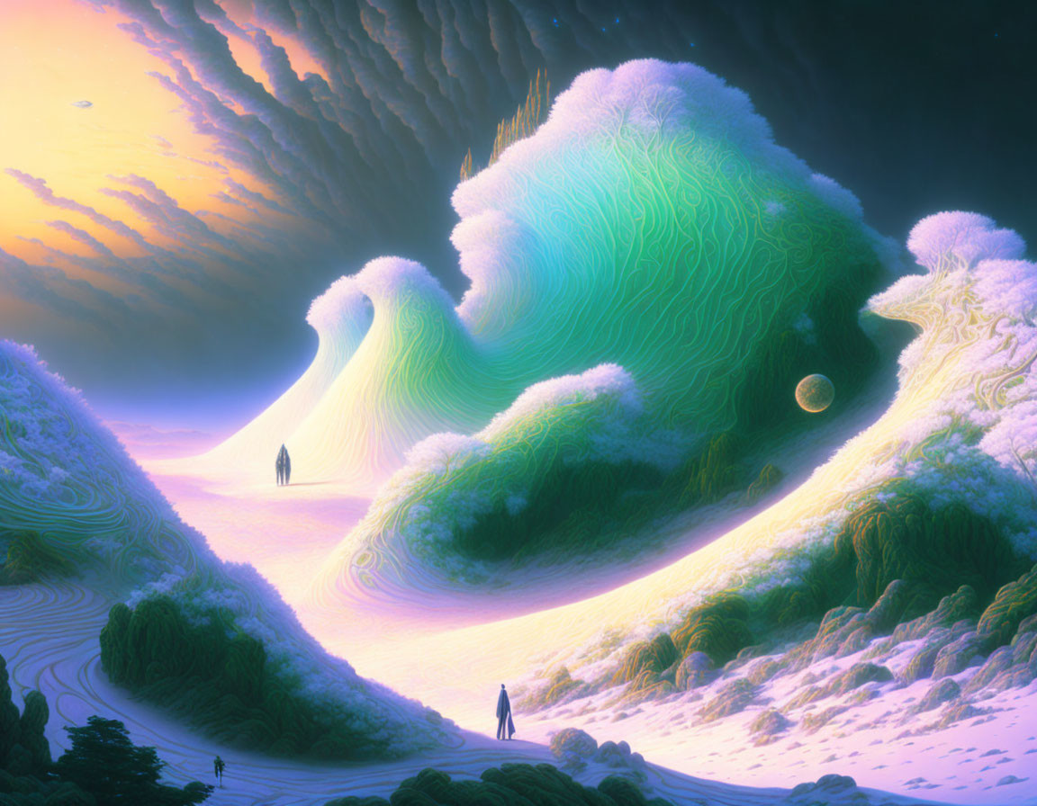 Surreal landscape with luminescent hills, figures, and distant planet.