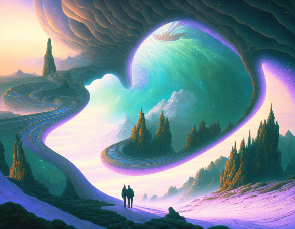 Couple in fantastical landscape with swirling vortex, otherworldly trees, and vibrant paths