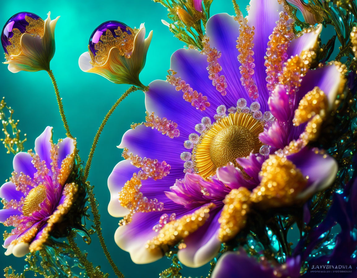 Colorful digital artwork: Purple and gold flowers with intricate details on teal background
