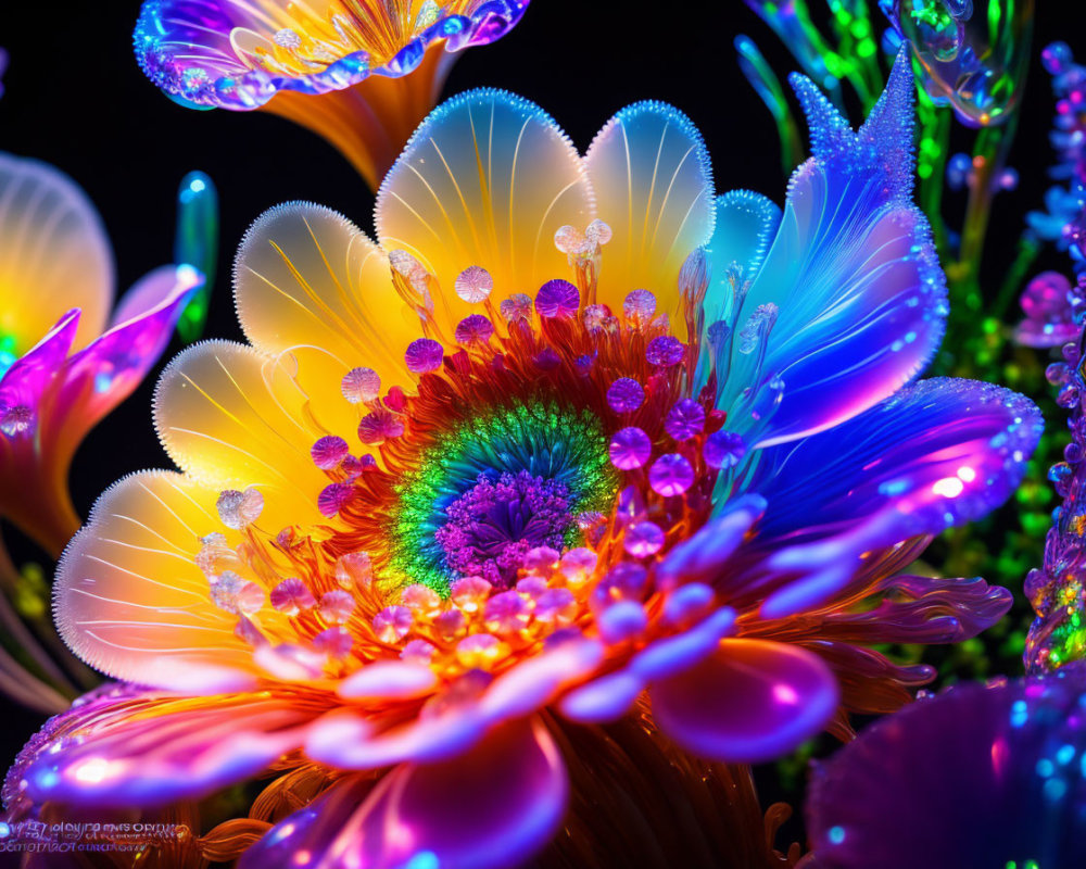 Vivid UV Floral Arrangement with Neon Hues and Water Droplets