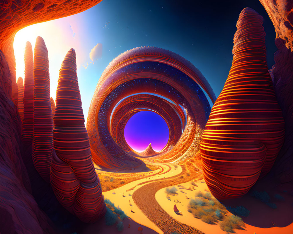 Surreal red rock formations under a setting sun in digital art