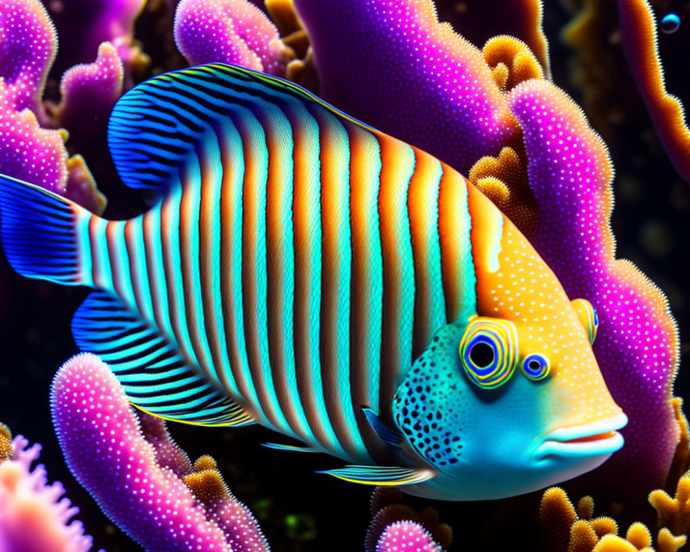 Colorful Tropical Fish Swim Among Purple Coral