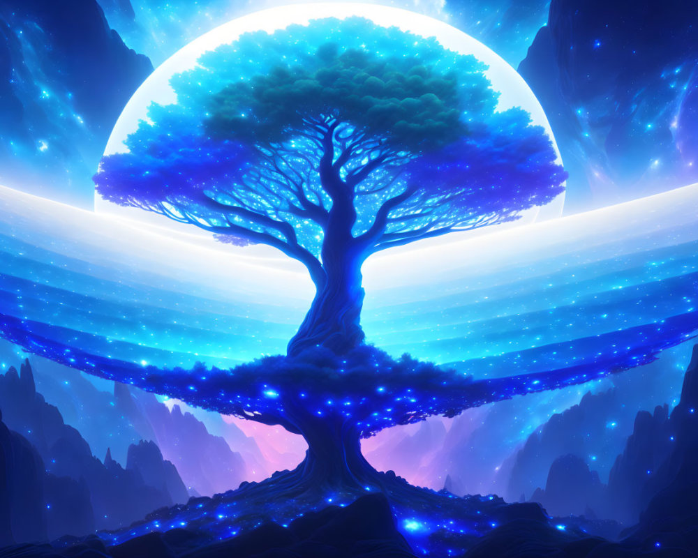 Majestic tree with luminous canopy under moonlit sky