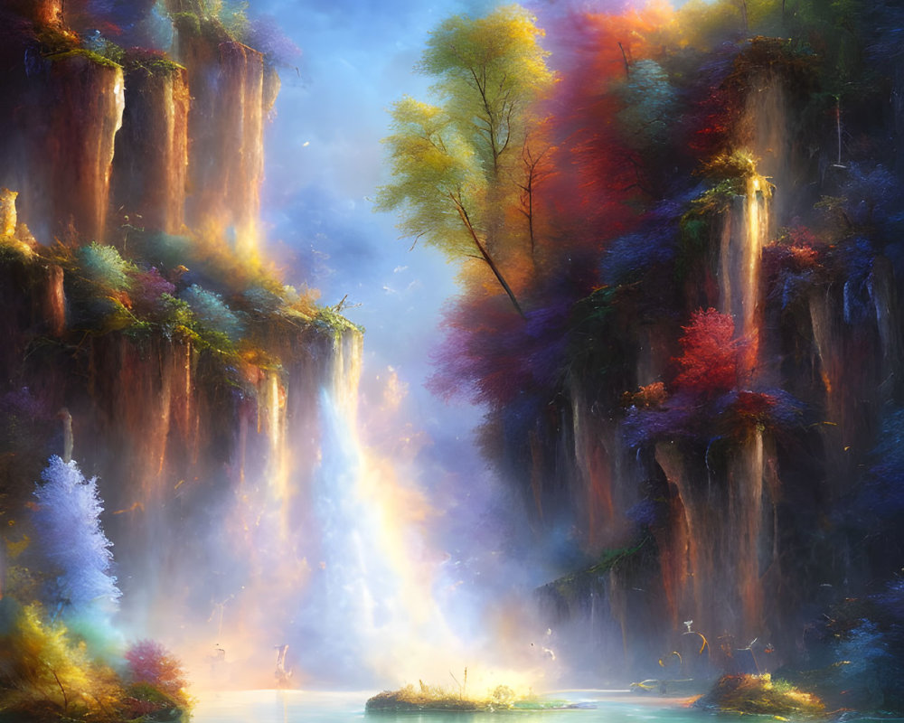 Fantastical landscape with waterfalls, colorful foliage, misty waters, glowing light