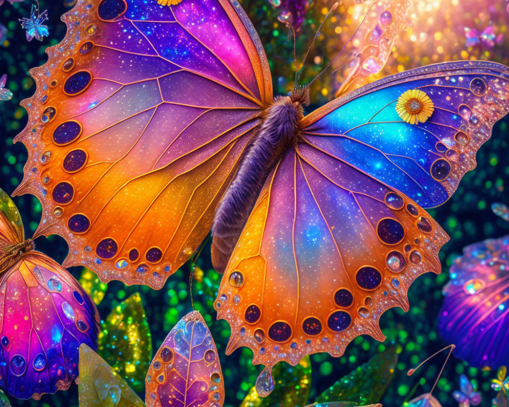 Colorful Butterfly with Starry Wings in Magical Forest Scene