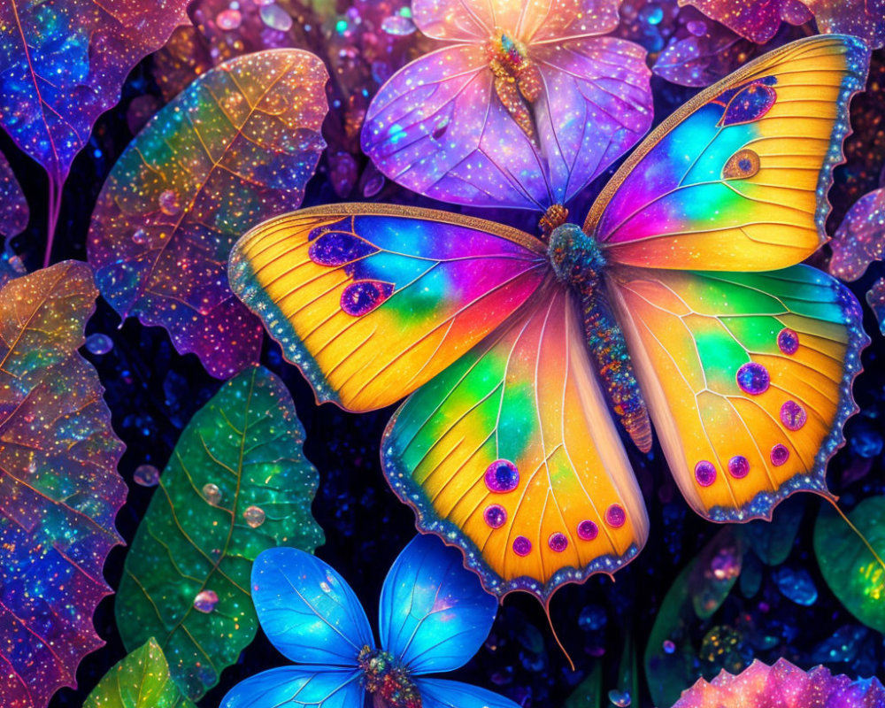 Colorful Butterfly Resting on Multicolored Leaves with Sparkling Droplets