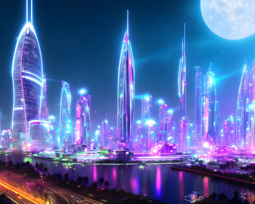 Futuristic cityscape at night with neon lights, reflective skyscrapers, moon, and waterfront