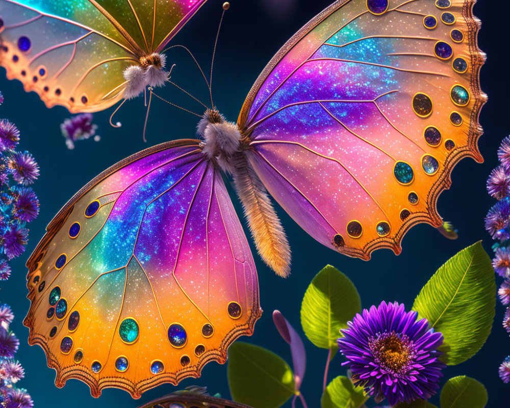 Colorful Fantasy Butterflies with Iridescent Wings and Dew Drops Fluttering Around Purple Flower