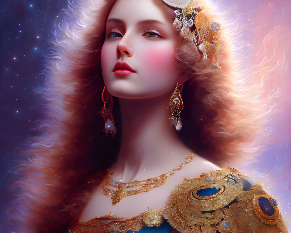 Regal woman with porcelain skin in gold jewelry and blue/red gown against starry backdrop
