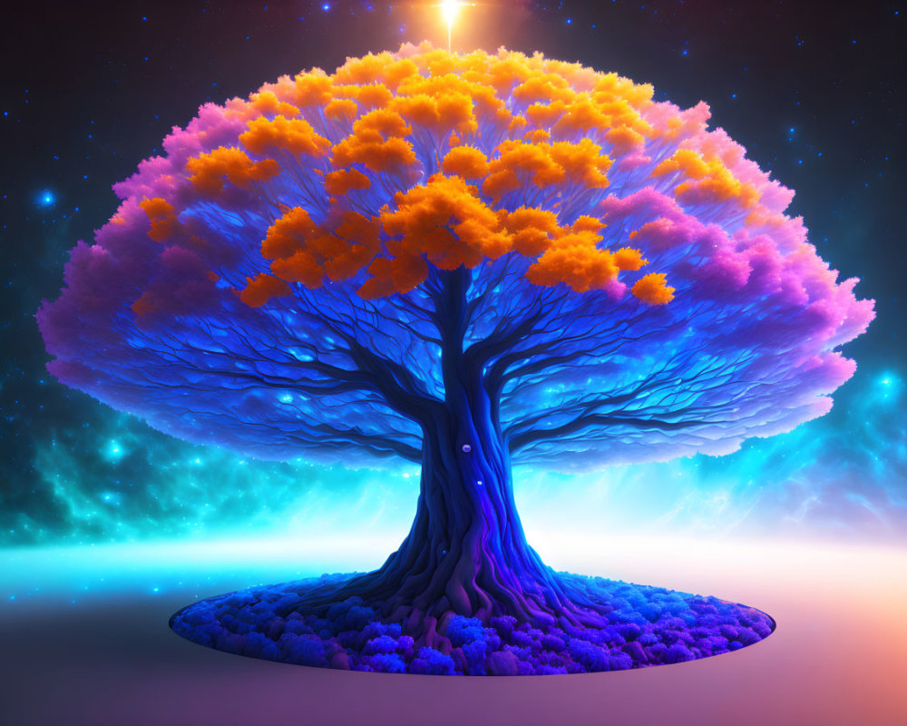 Colorful digital artwork: Blue trunk, orange foliage, starry night sky