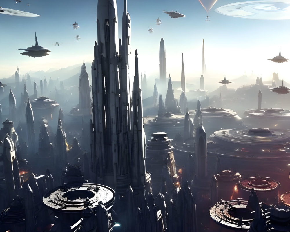 Futuristic cityscape with skyscrapers, flying vehicles, and large planet in sky