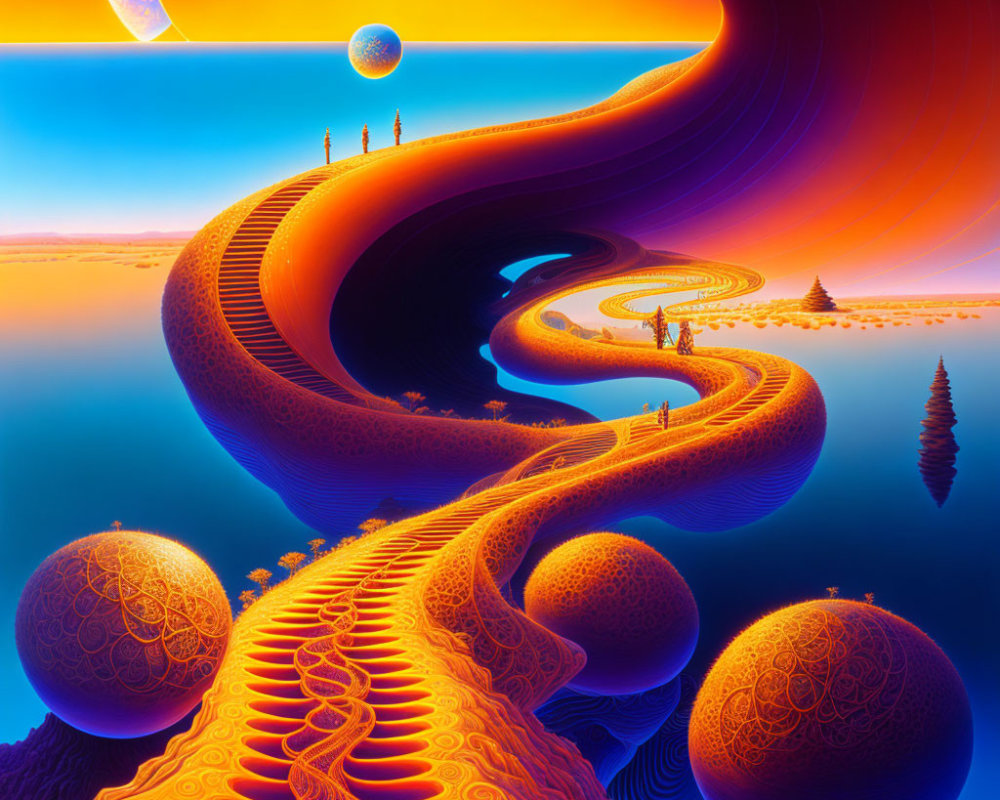 Colorful surreal landscape with orange path, spherical patterns, small figures, and celestial bodies.