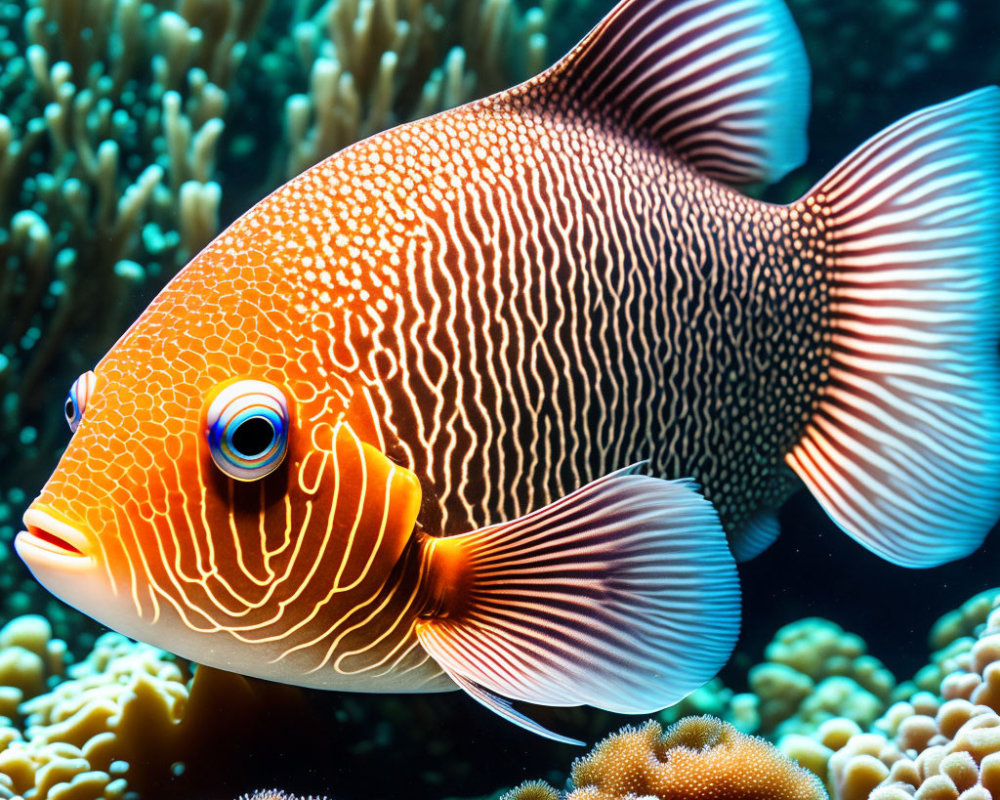 Colorful Orange and White Marine Fish Swimming Near Coral in Clear Blue Water