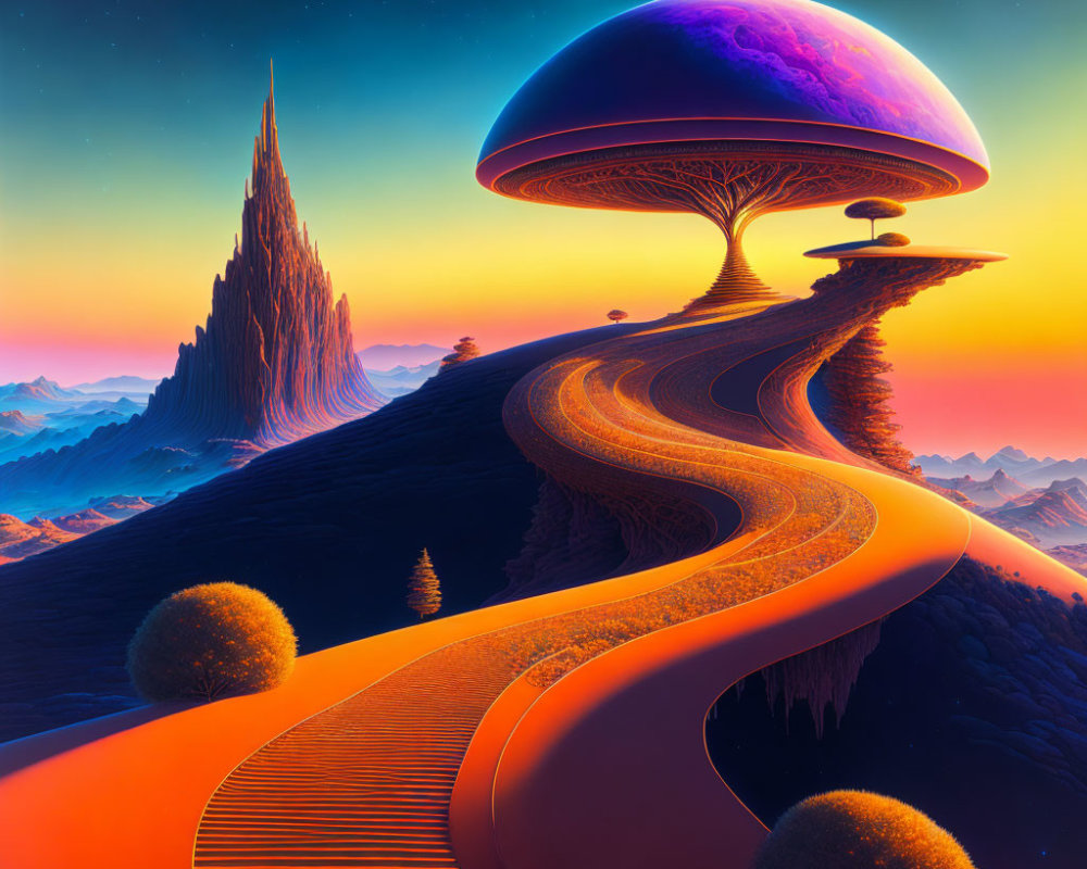Sci-fi landscape with winding road to futuristic city under giant mushroom structure