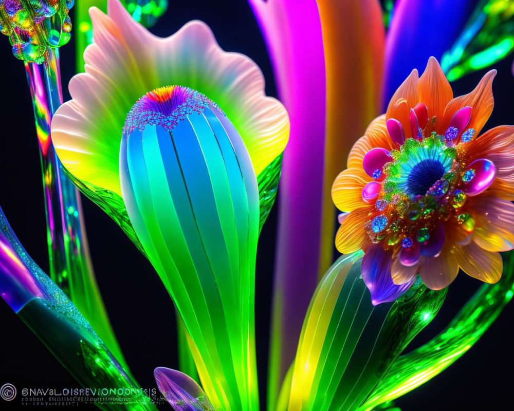 Colorful Abstract Flower Painting with Neon Glow and Water Droplets