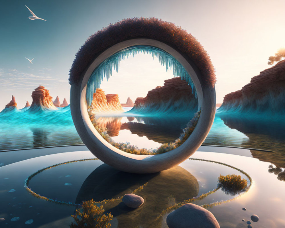 Surreal landscape with large ring structure and icicle-like formations