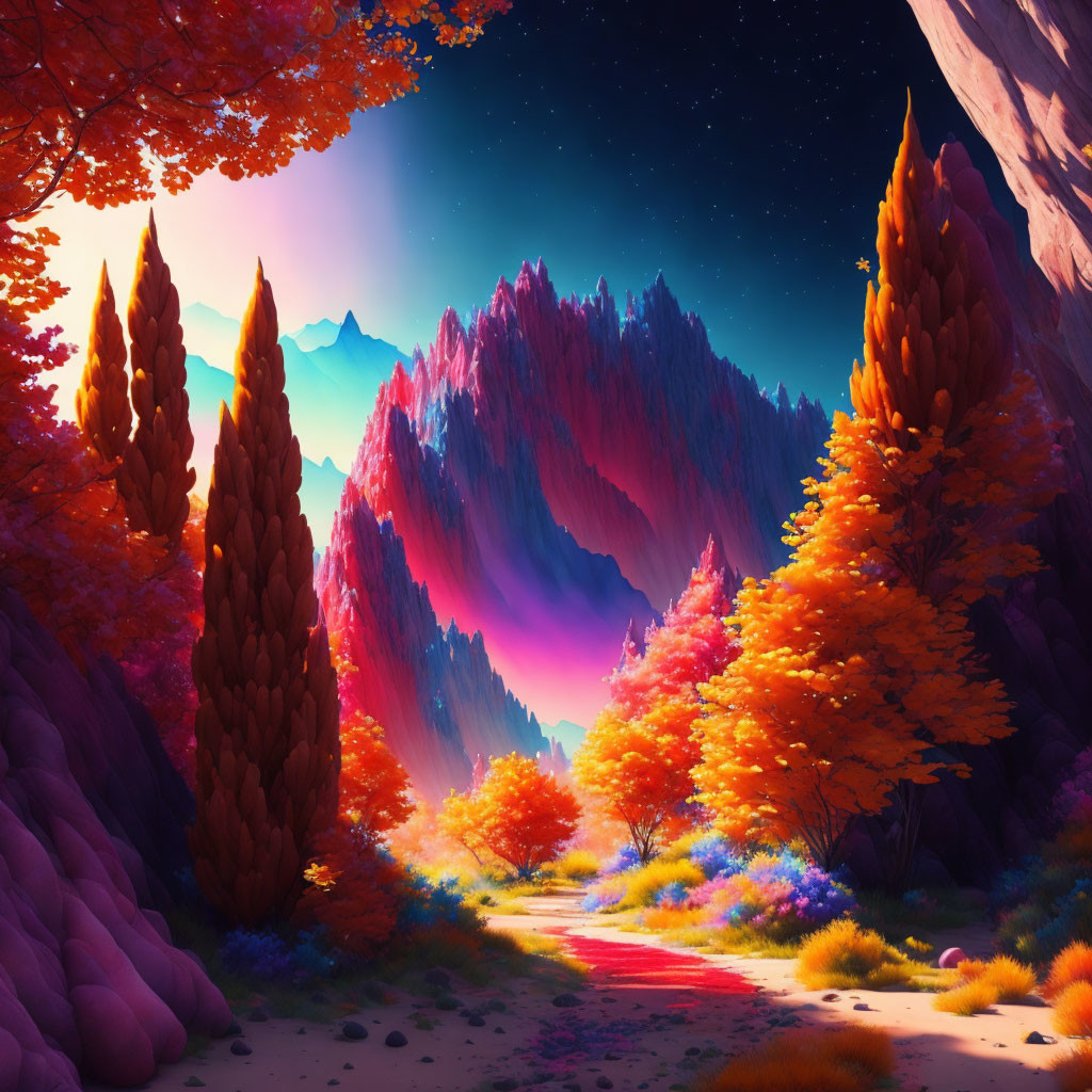 Autumnal forest in surreal digital art landscape