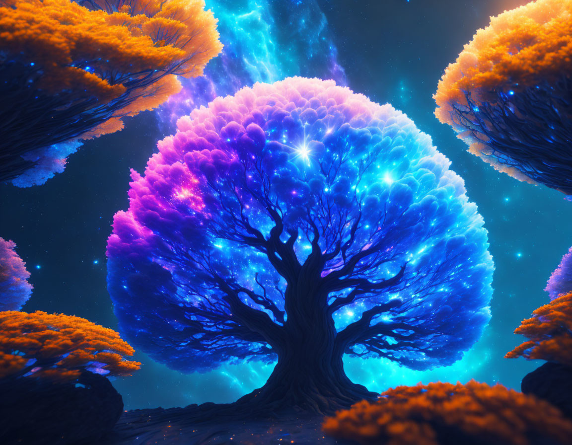 Mystical tree digital artwork with purple foliage under starry sky