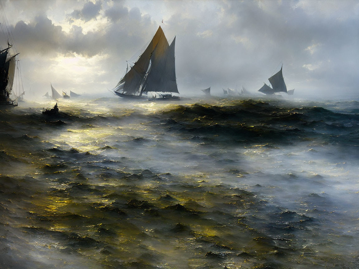 Stormy seas: Sailing ships in turbulent waters under dramatic sky