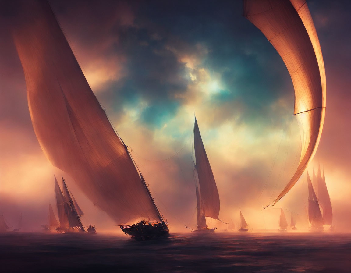 Sailboats with billowing sails on misty golden-lit waters