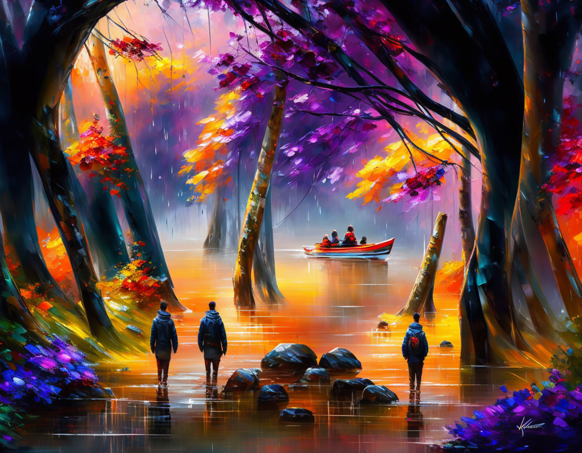 Colorful autumnal trees and people in a boat on a river with reflections.
