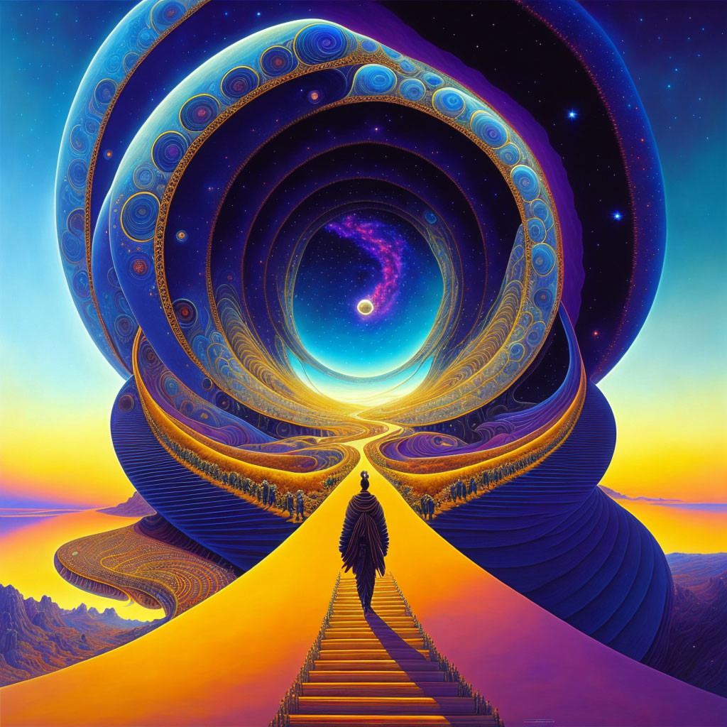 Person on Orange Pathway Surrounded by Cosmic Portals and Surreal Landscapes