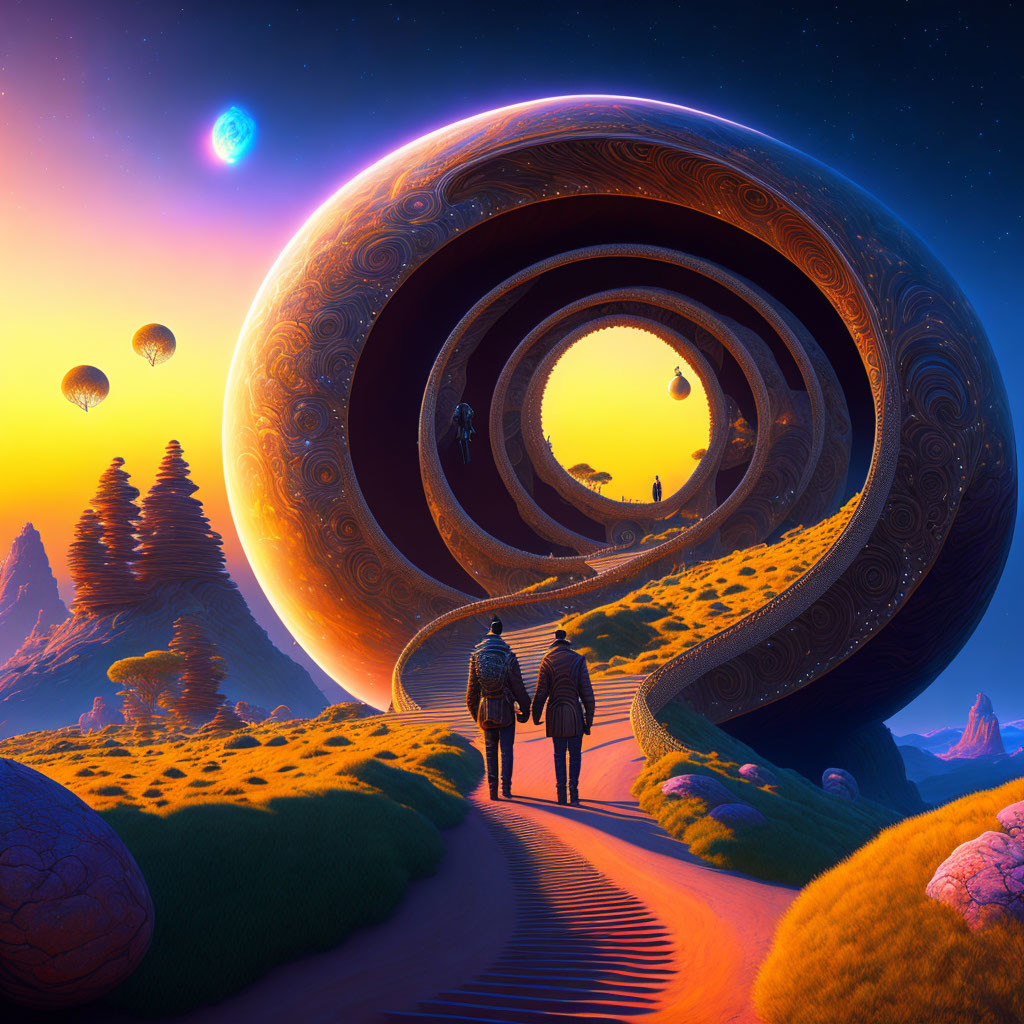 Alien landscape with two people approaching ornate ring structure