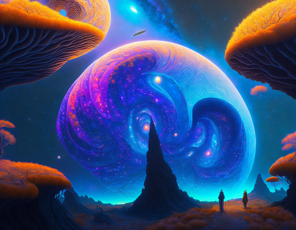 Nighttime landscape with cosmic entity and figures gazing at towering mushrooms