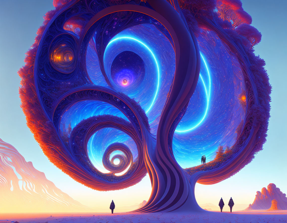 Surreal landscape with colossal cosmic tree and tiny figures