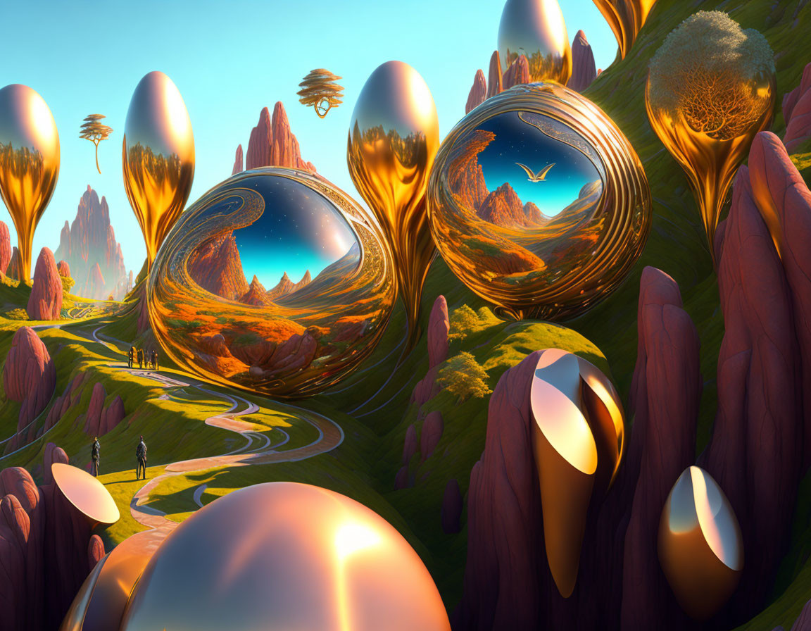 Surreal landscape with metallic orbs, rock formations, and figures