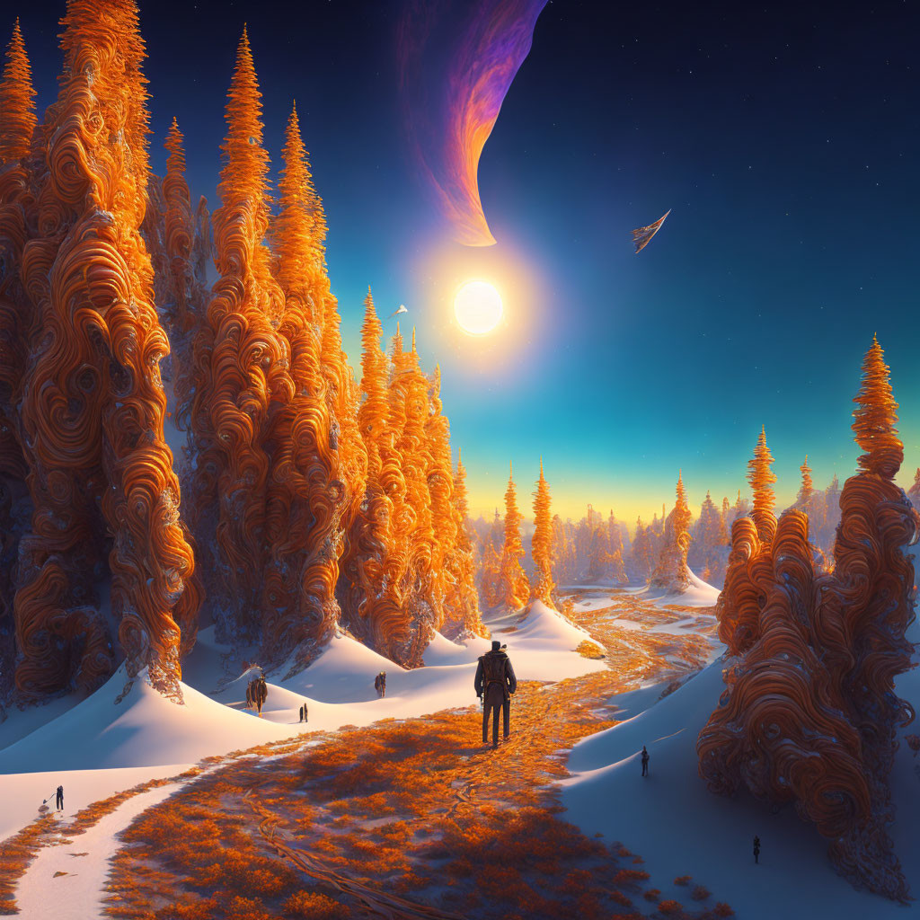 Vibrant fantasy landscape with orange spiral trees, snow patches, person, sun, and purple neb
