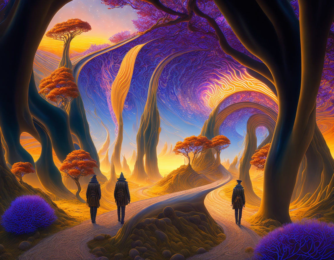Vibrant trees, swirling purple sky, two figures in fantastical landscape