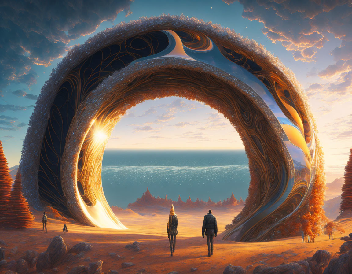 Futuristic arch structure with intricate patterns by serene lake