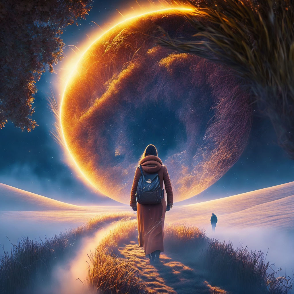 Person and dog walking towards giant glowing celestial body in dreamlike setting.