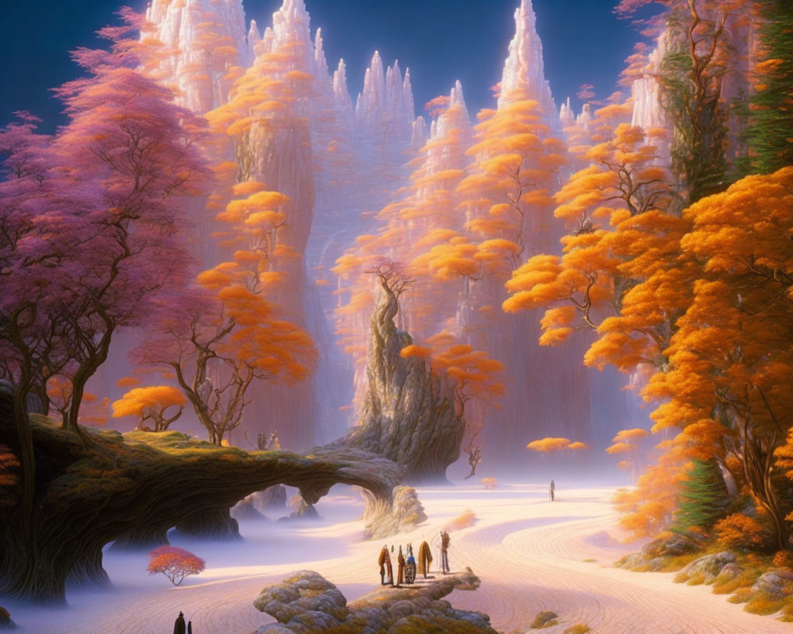 Travelers exploring fantastical landscape with crystalline formations and vibrant foliage