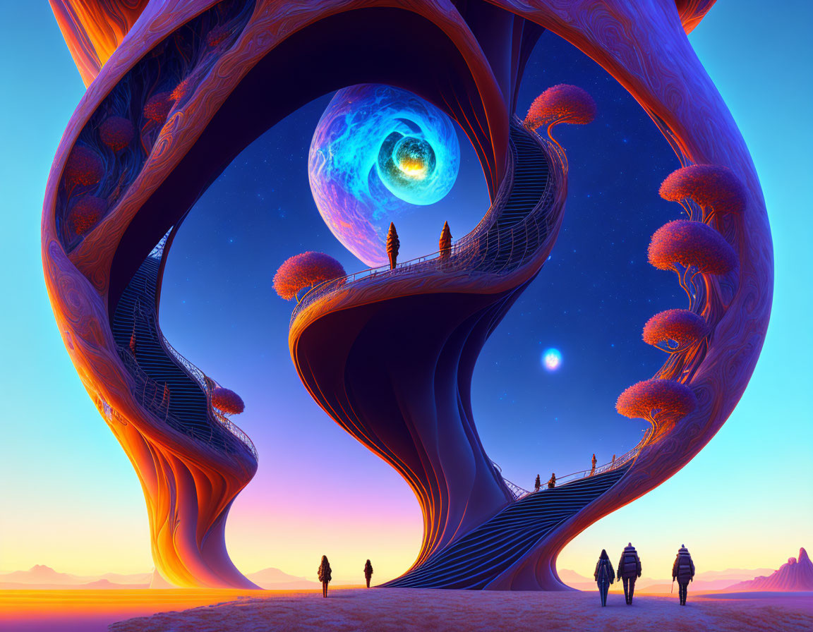 Surreal sunset over alien planet with organic structures and figures